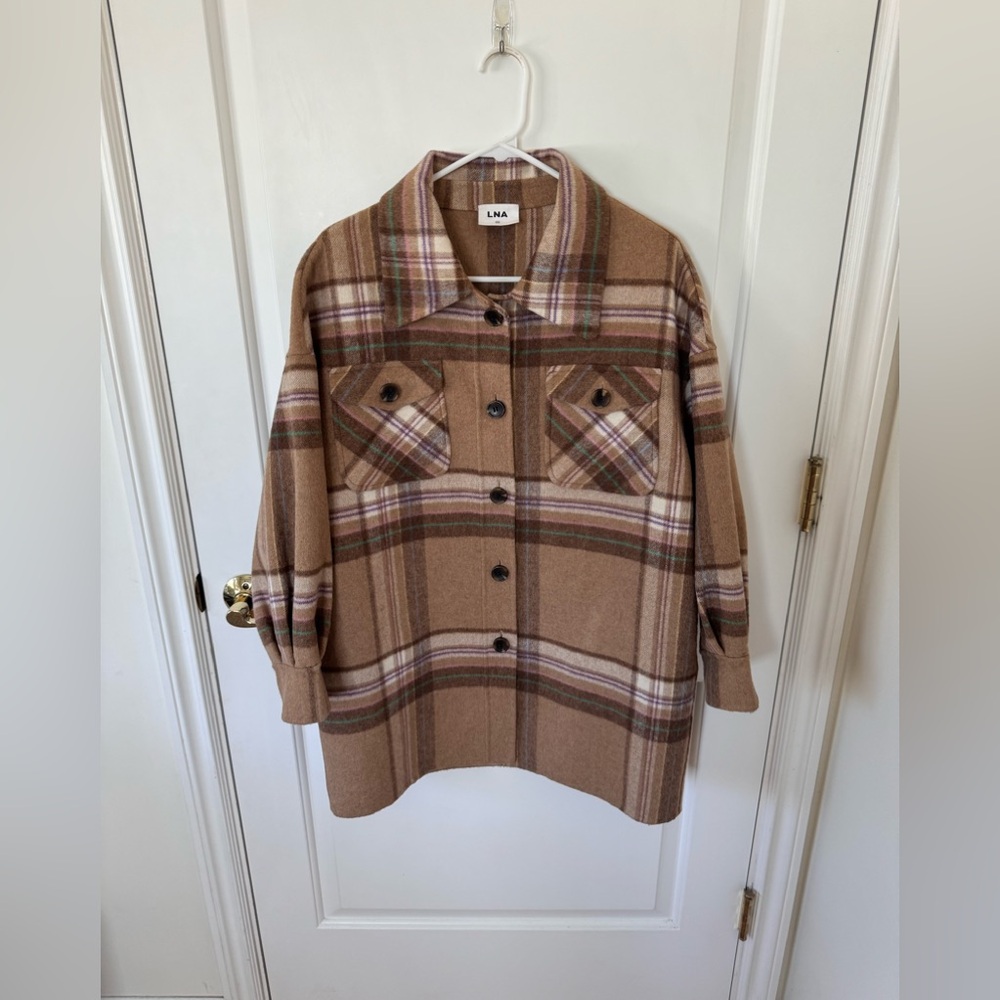 LNA Revolve Oversized Boyfriend Jacket in Camel Plaid XS/S Shacket Wool - Picture 3 of 6